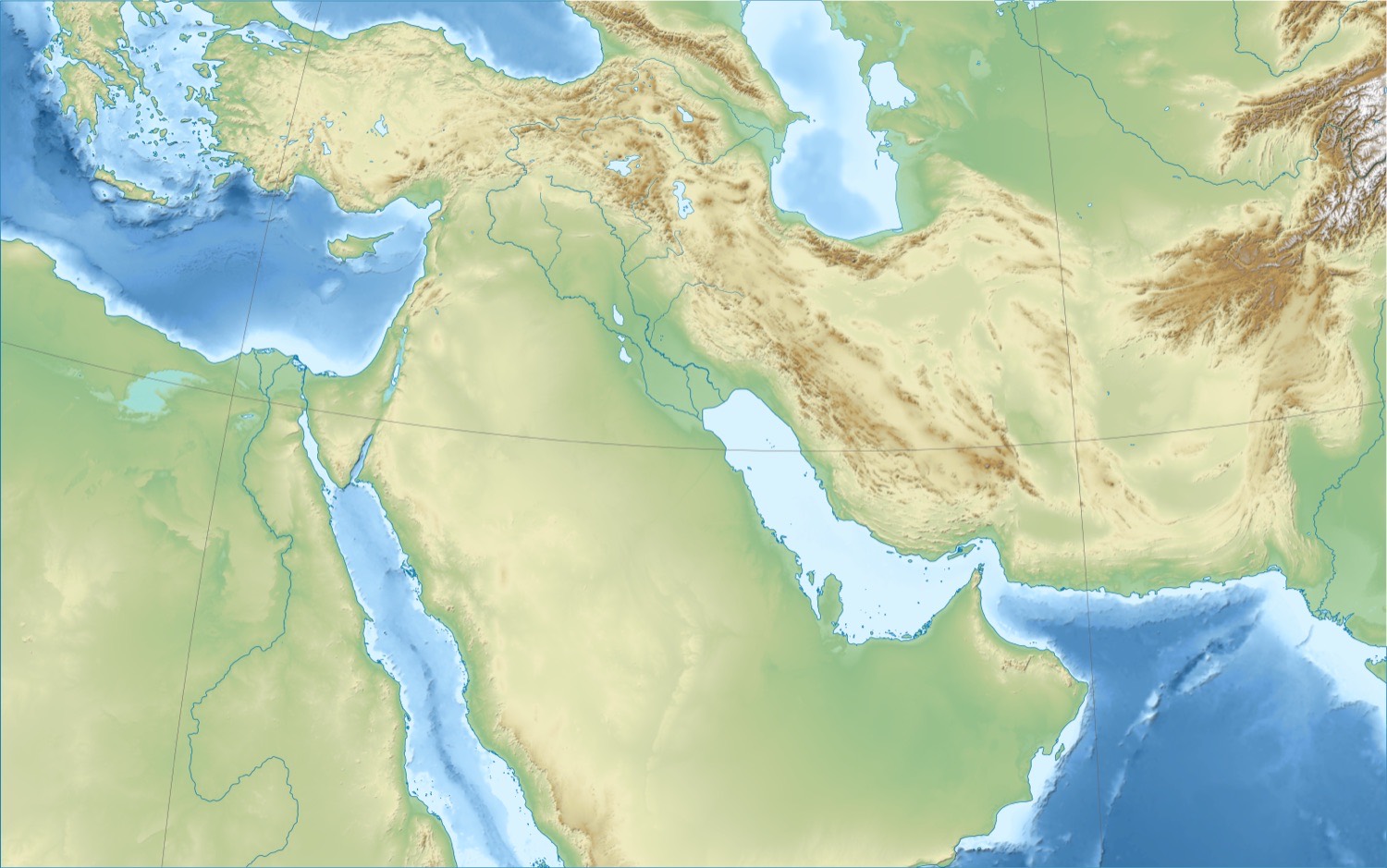 Blank topographic map of the Middle East.